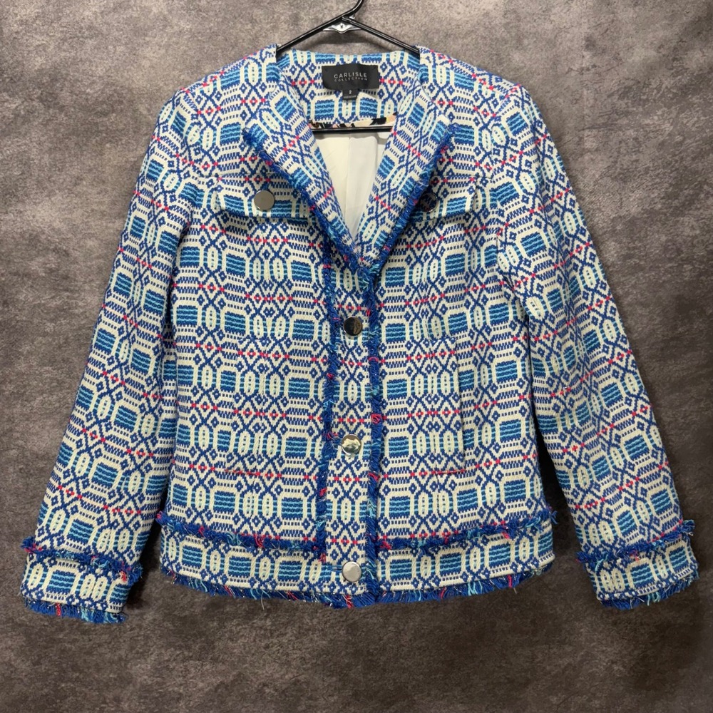 Carlisle Collection Geometric Tweed Fringe Jacket Womens 2 Blue Pink White Aztec